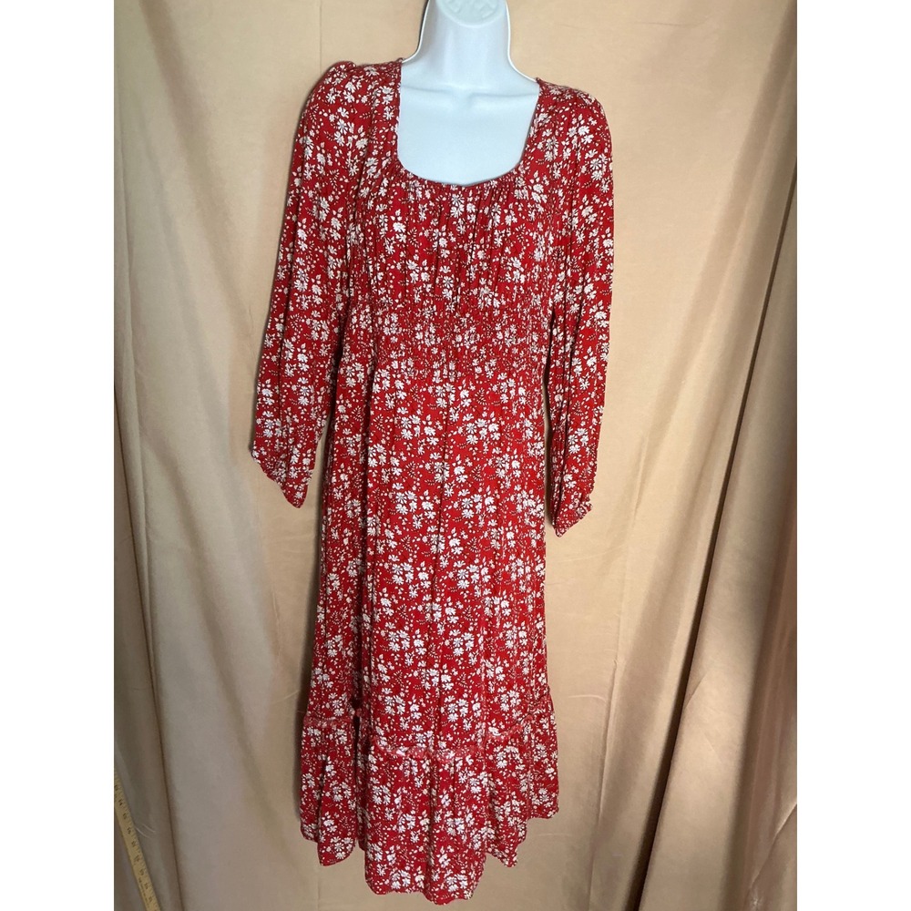 C+D+M Floral Midi Dress Women Large Red Excellent Smocked Square Neck Tiered